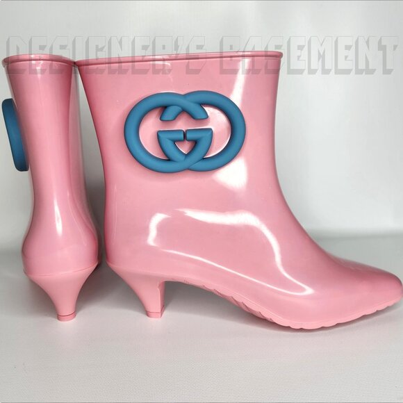 GUCCI 38 pink GENE blue Interlocking G logo rubber ankle RAINBOOT Booties 724458 - Picture 4 of 10